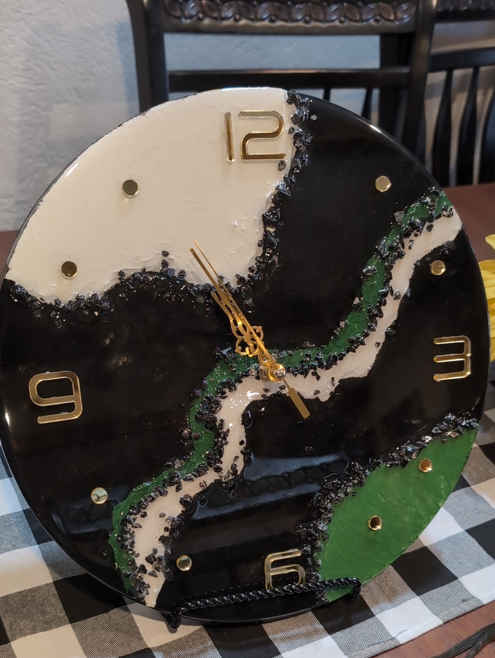 Black, White & Green  Resin Wall Clock - Decorative Home Wall Decor.  14" Diag.